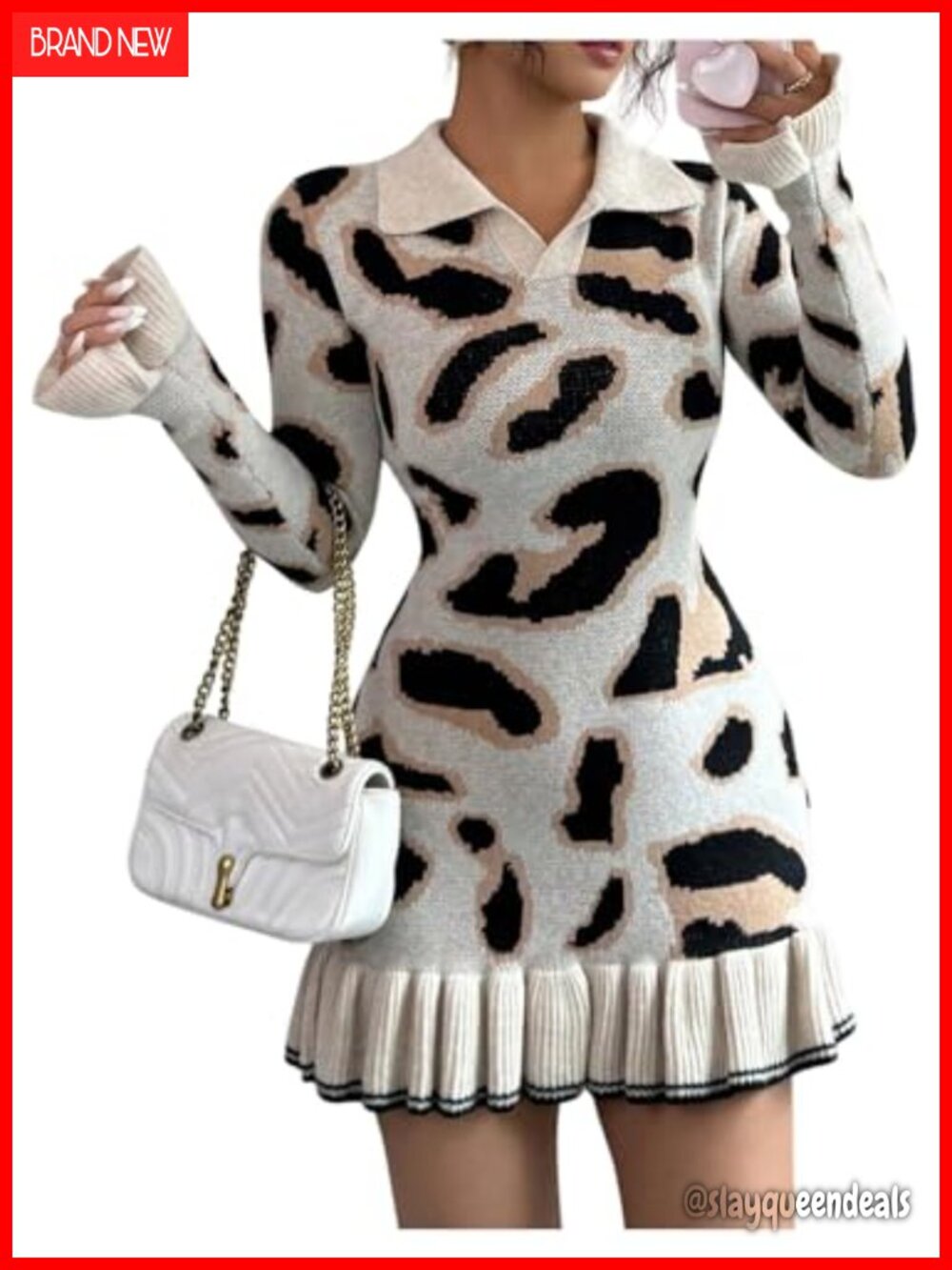 Women's Leopard Print Sweater Dress Long Sleeve Bodycon Mini Ruffle
